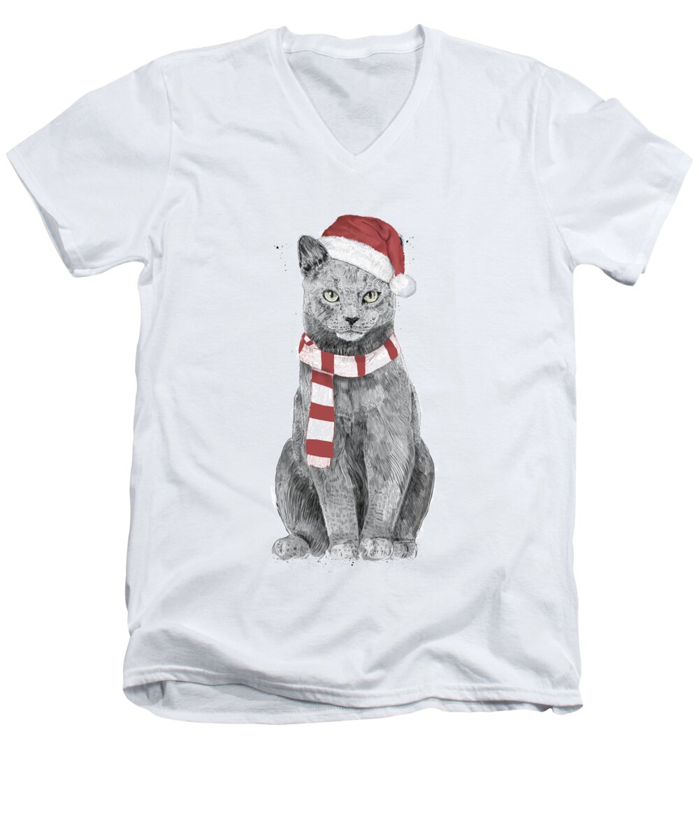 #faaAdWordsBest Men's V-Neck T-Shirt featuring the mixed media Xmas cat by Balazs Solti