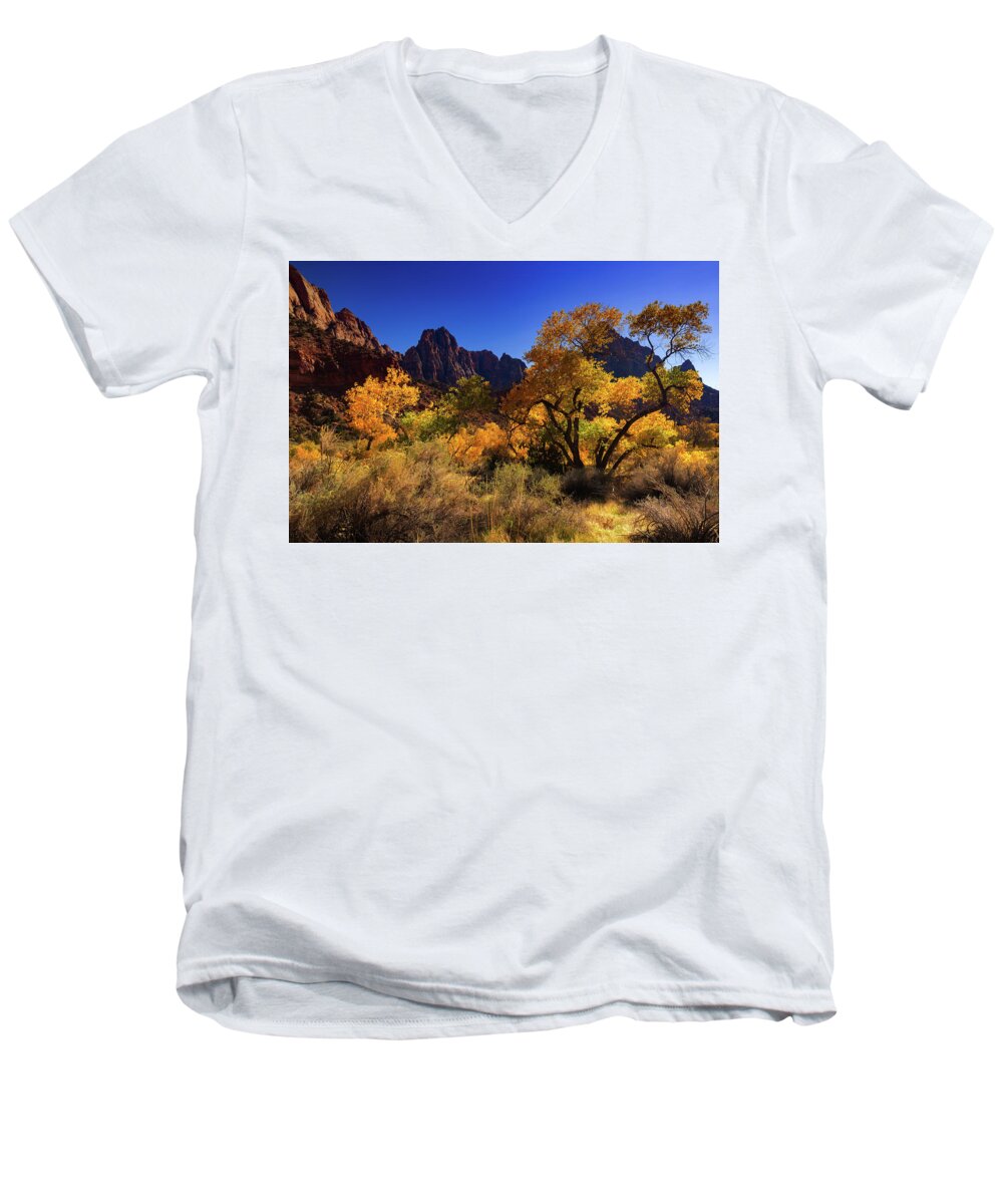 Fall Colors Men's V-Neck T-Shirt featuring the photograph Zions Beauty by Tassanee Angiolillo