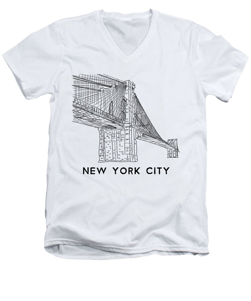 Brooklyn Bridge Men's V-Neck T-Shirt featuring the digital art Brooklyn Bridge Hand Line Drawing New York #1 by Lance Gambis
