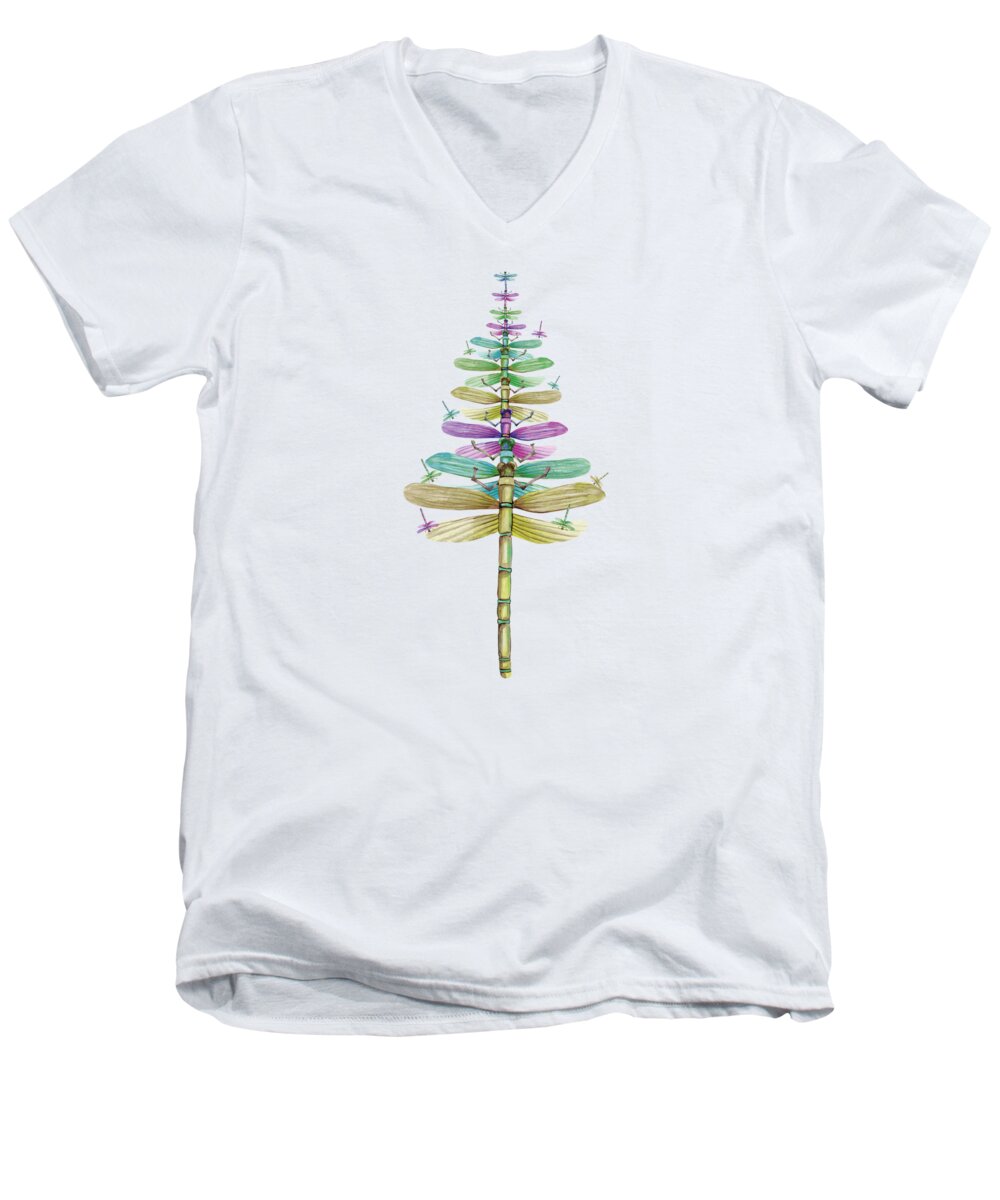 Dragonfly Christmas Tree Men's V-Neck T-Shirt featuring the digital art Dragonfly Christmas Tree #1 by Toms Tee Store