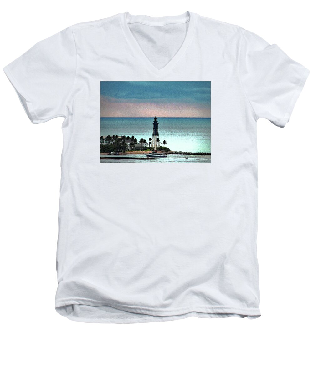 Lighthouse Men's V-Neck T-Shirt featuring the photograph Lighthouse at Hillsboro Beach Florida by Corinne Carroll