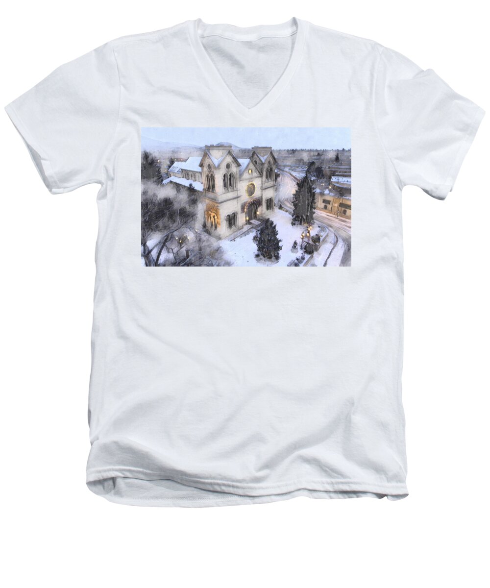 Church Men's V-Neck T-Shirt featuring the digital art Santa Fe Cathedral by Aerial Santa Fe