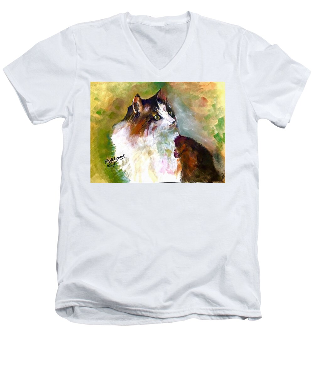 Cat Men's V-Neck T-Shirt featuring the painting Siberian forest cat by Khalid Saeed