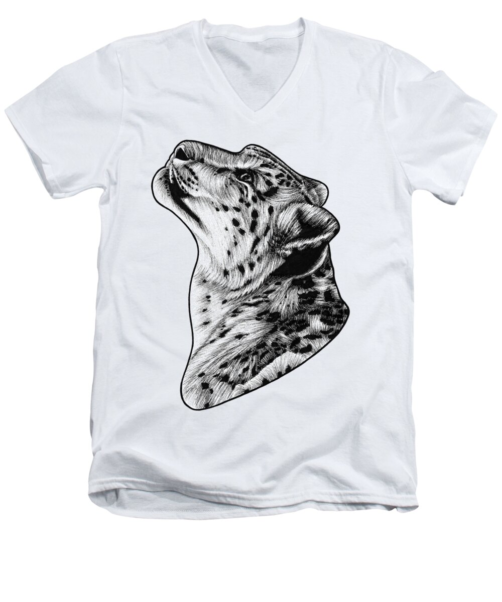 Leopard Men's V-Neck T-Shirt featuring the drawing Snow leopard #2 by Loren Dowding