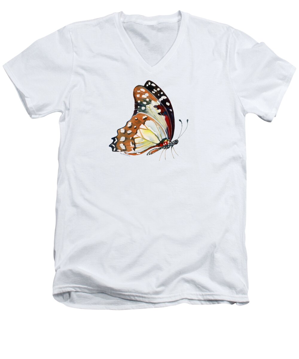 White Lady Butterfly Men's V-Neck T-Shirt featuring the painting 102 Perched Angola White Lady Butterfly by Amy Kirkpatrick