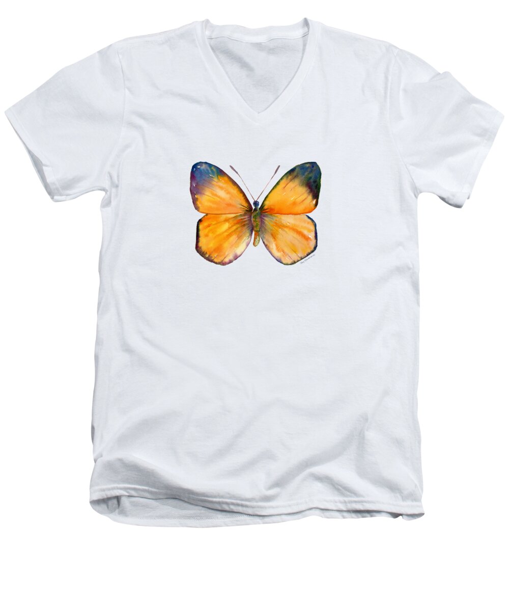Delias Men's V-Neck T-Shirt featuring the painting 19 Delias Aruna Butterfly by Amy Kirkpatrick