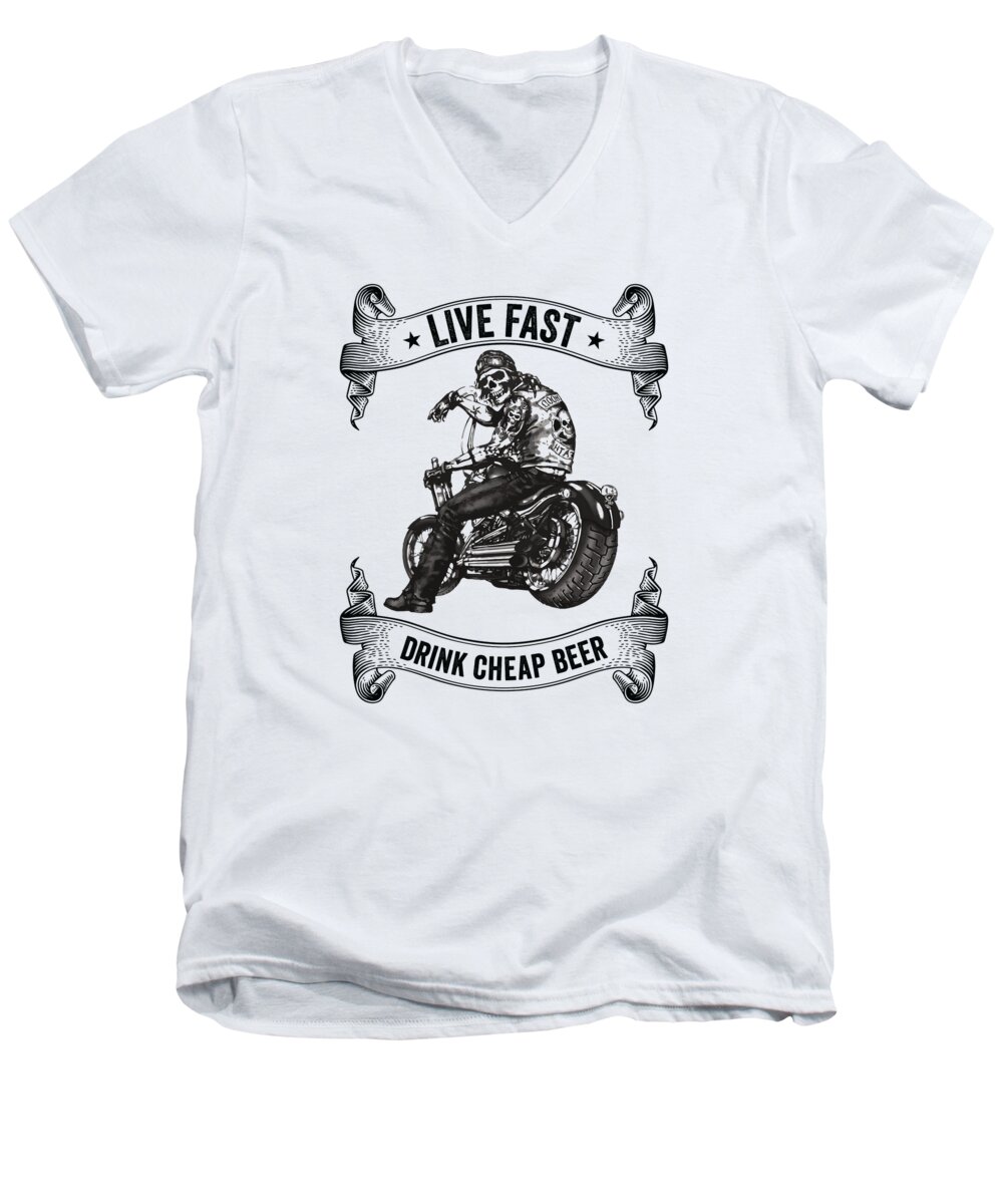 Beer Lover Men's V-Neck T-Shirt featuring the digital art Beer Lover Skull Drinking Biker Motorcycle #2 by Toms Tee Store