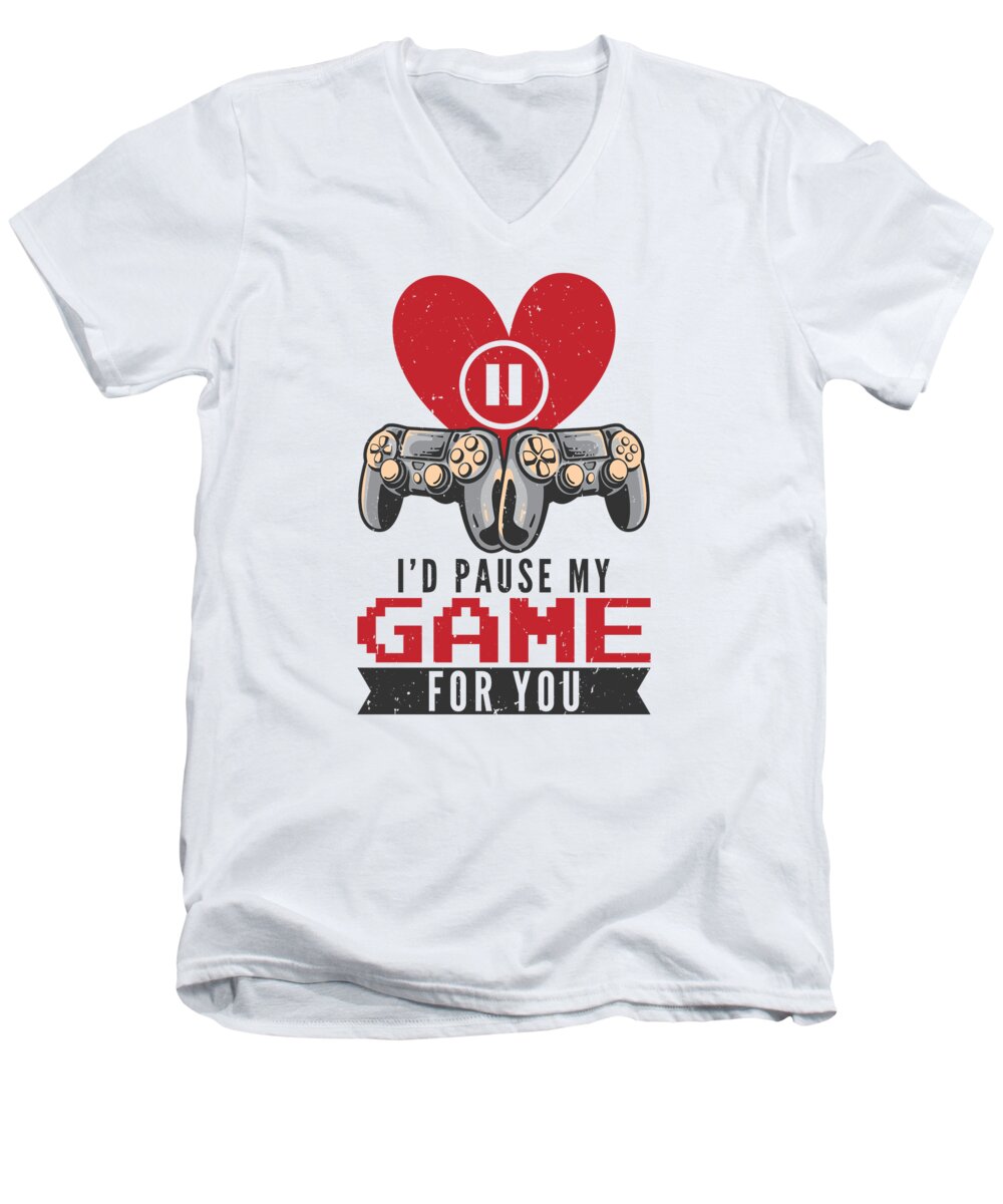 Valentines Day Men's V-Neck T-Shirt featuring the digital art Id Pause My Game For You Valentines Day Gaming #4 by Toms Tee Store