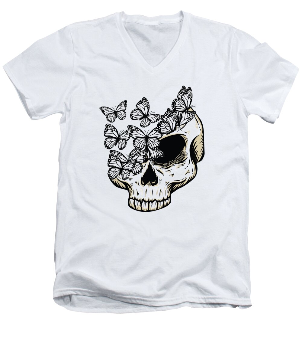 Skull Men's V-Neck T-Shirt featuring the digital art Gothic Butterfly Skull Bones Skeleton Death Grave Aesthetic Dark #6 by Toms Tee Store