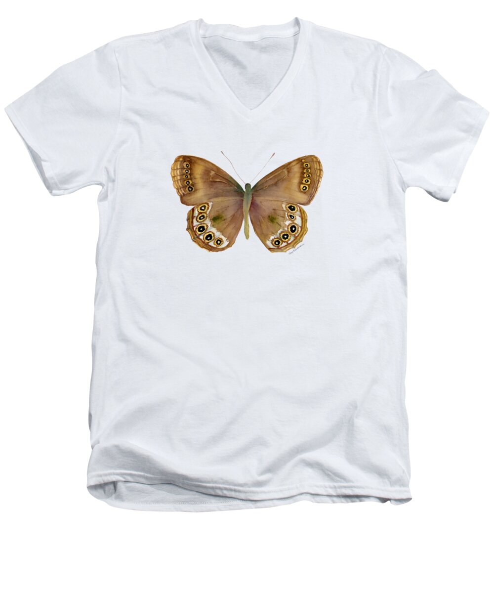 Woodland Brown Butterfly Men's V-Neck T-Shirt featuring the painting 64 Woodland Brown Butterfly by Amy Kirkpatrick