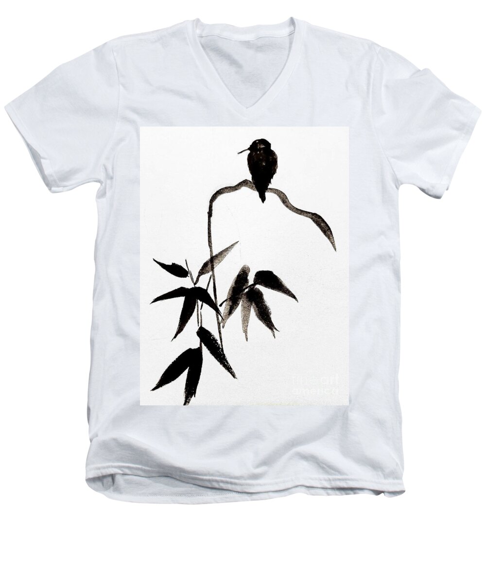 Men's V-Neck T-Shirt featuring the painting A bird and bamboo in black ink by Margaret Welsh Willowsilk