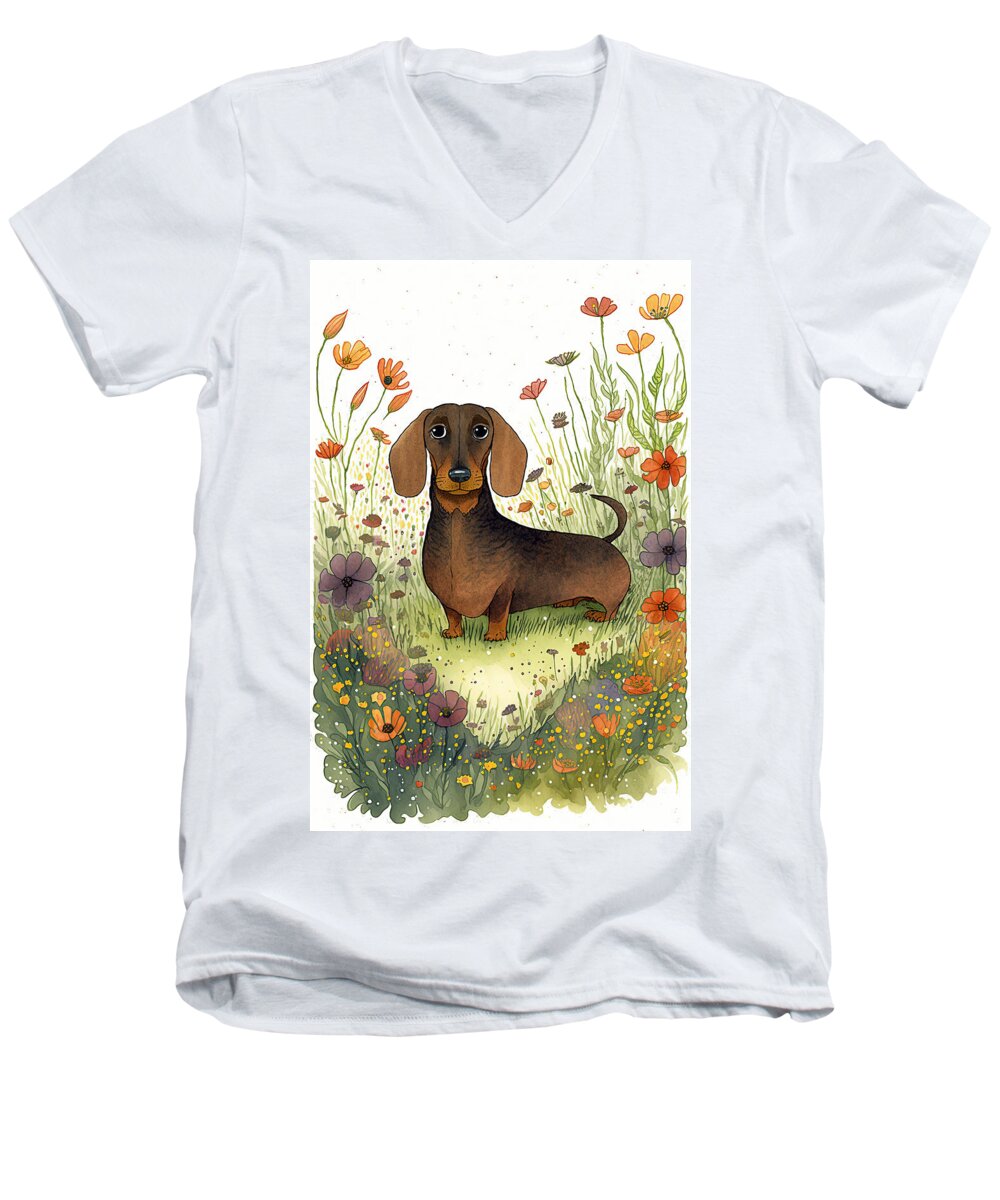 Dachshund Men's V-Neck T-Shirt featuring the digital art A Dachshund in a flower field 4 by Debbie Brown