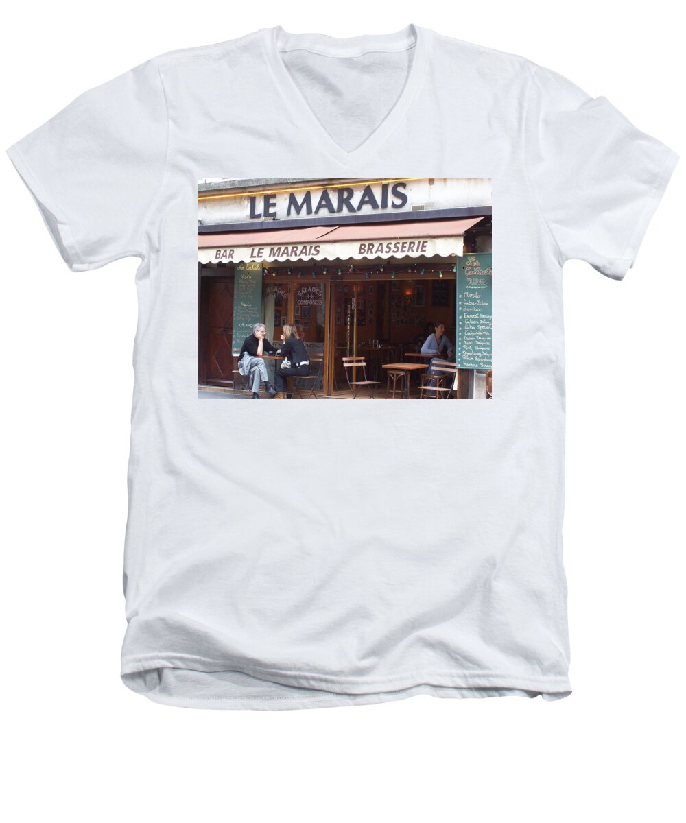 Paris Men's V-Neck T-Shirt featuring the photograph A Paris Cafe--Le Marais by Matthew Bamberg
