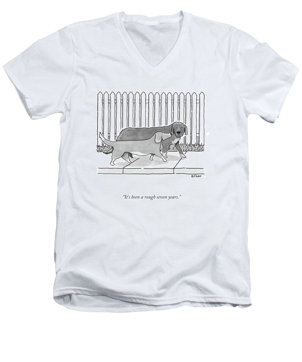 It's Been A Rough Seven Years. Men's V-Neck T-Shirt featuring the drawing A Rough Seven Years by Asher Perlman