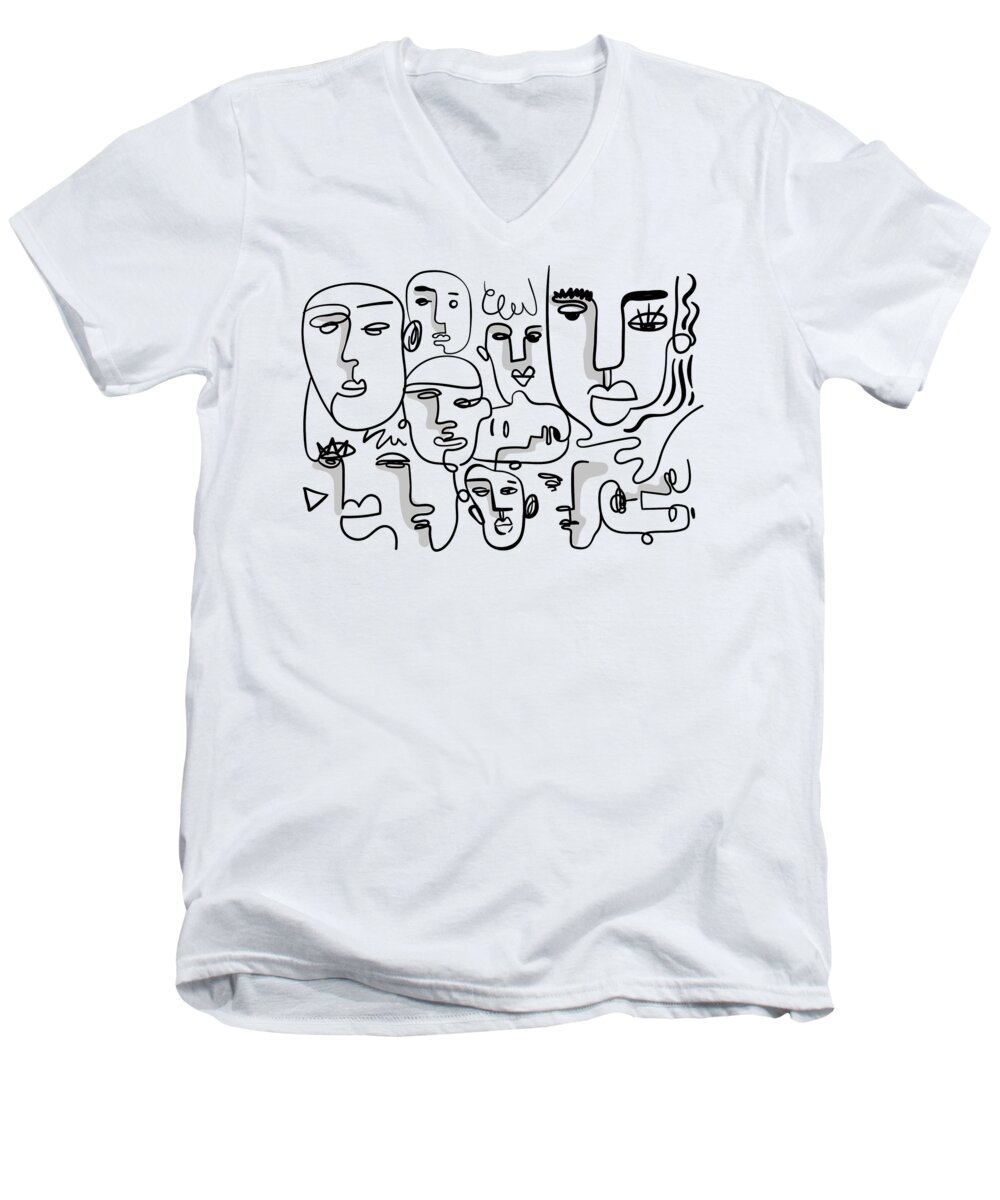 Abstract Faces Men's V-Neck T-Shirt featuring the drawing Abstract Line Art, Abstract Faces Drawing, Single Line Drawing, Minimalist One Line by Mounir Khalfouf