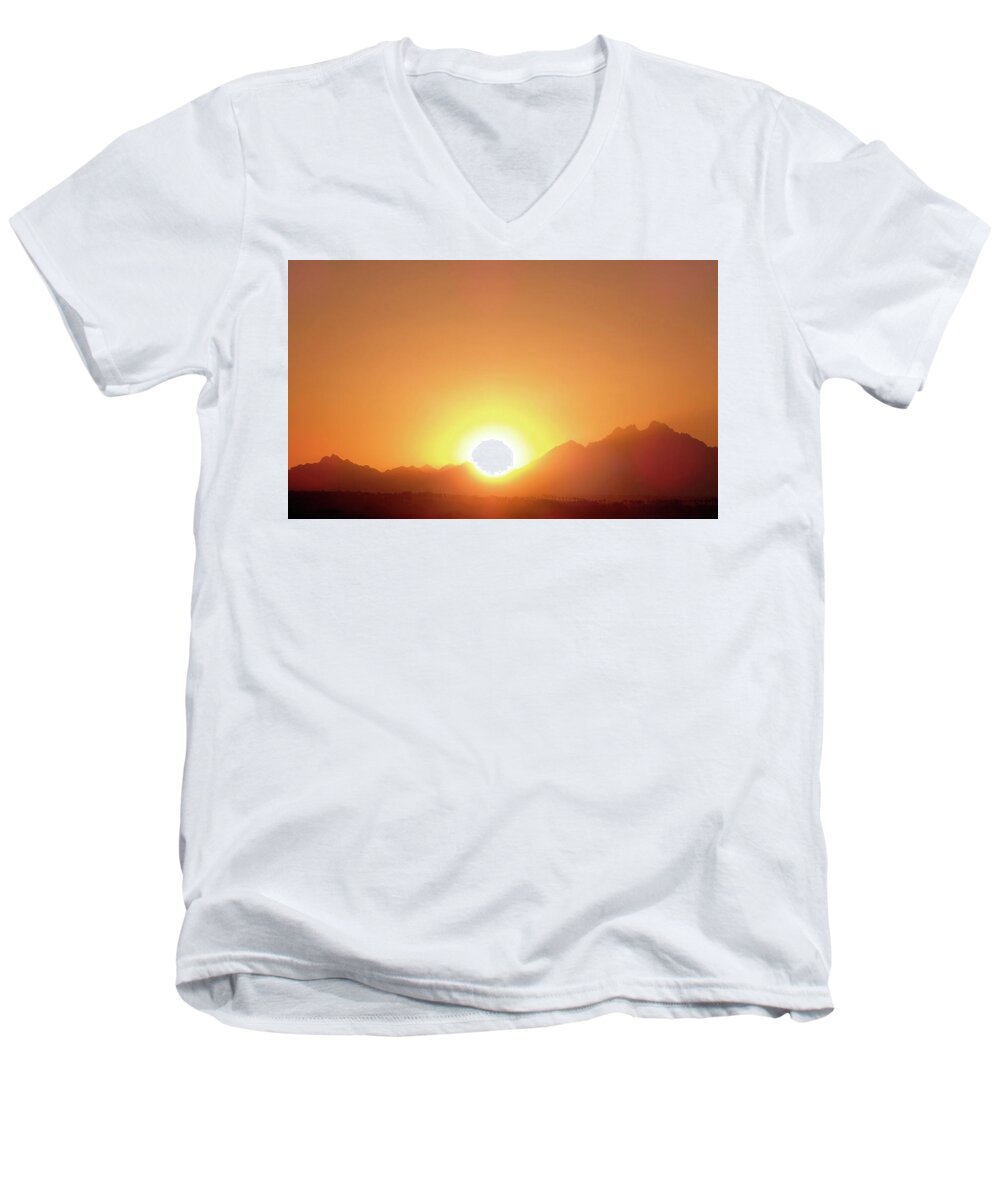 Africa Men's V-Neck T-Shirt featuring the photograph African Sunset Behind The Mountains by Johanna Hurmerinta