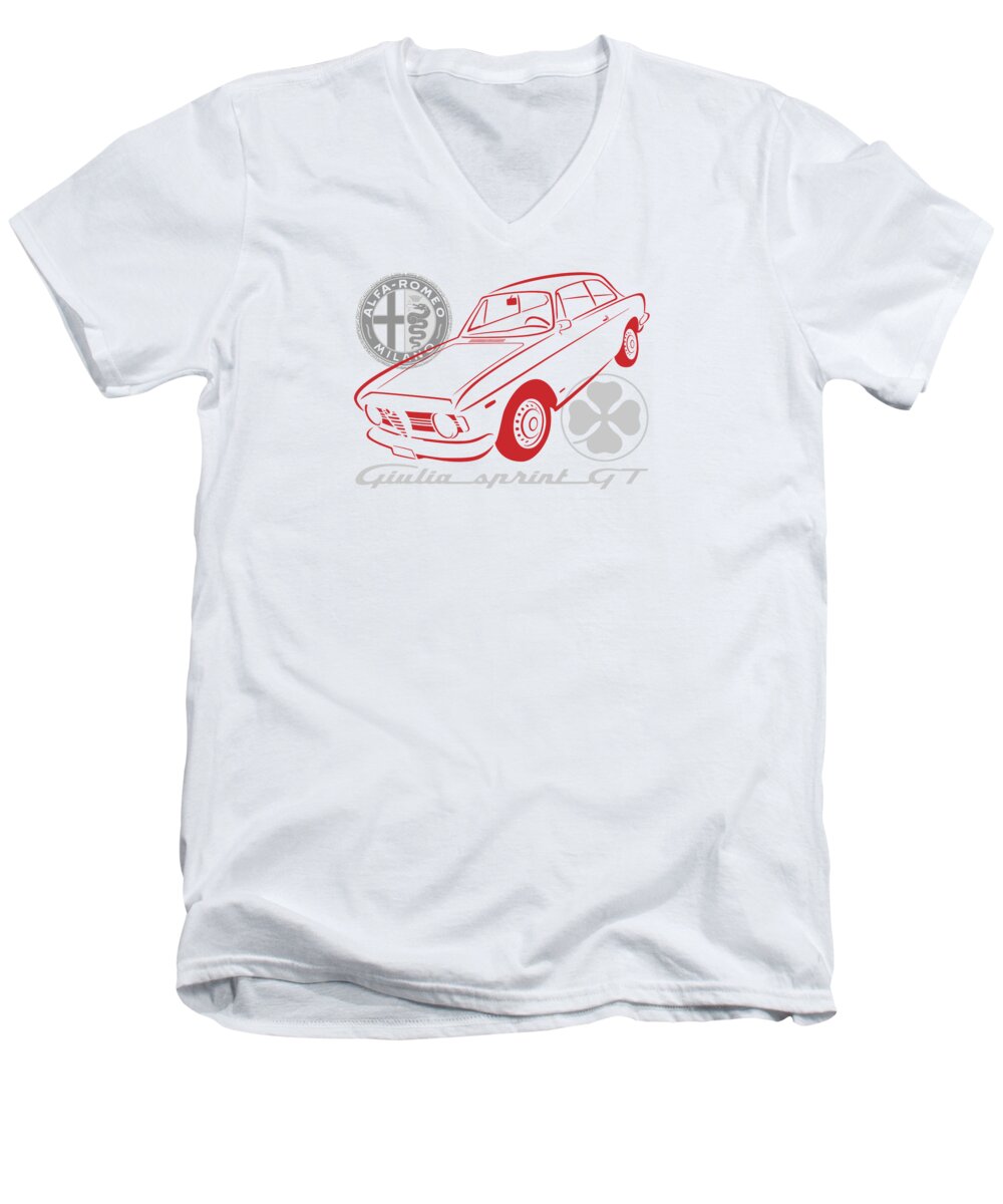 Alfa Men's V-Neck T-Shirt featuring the digital art Alfa Giulia Sprint GT Graphic Red and Grey by Rick Andreoli