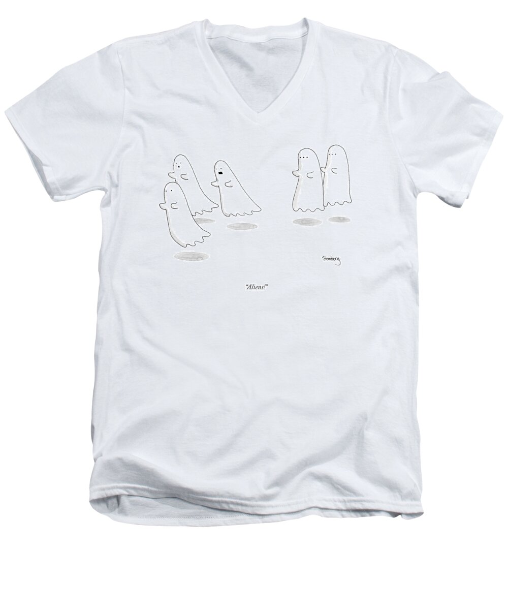 A22112 Men's V-Neck T-Shirt featuring the drawing Aliens by Avi Steinberg