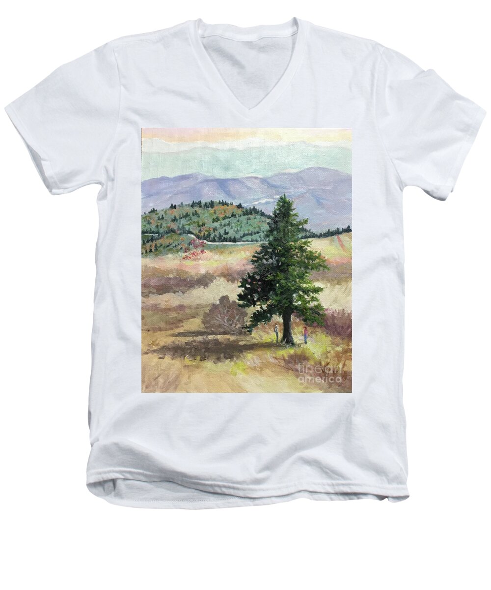 Art Loeb Men's V-Neck T-Shirt featuring the painting Art Loeb Lone Pine by Anne Marie Brown