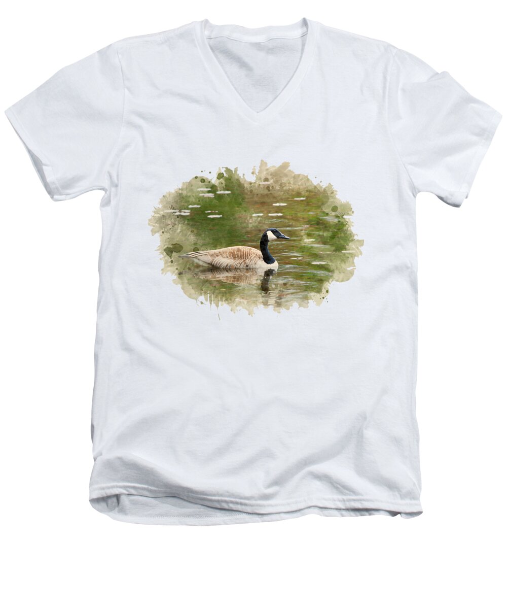 Canada Goose Men's V-Neck T-Shirt featuring the mixed media Canada Goose Watercolor Art by Christina Rollo