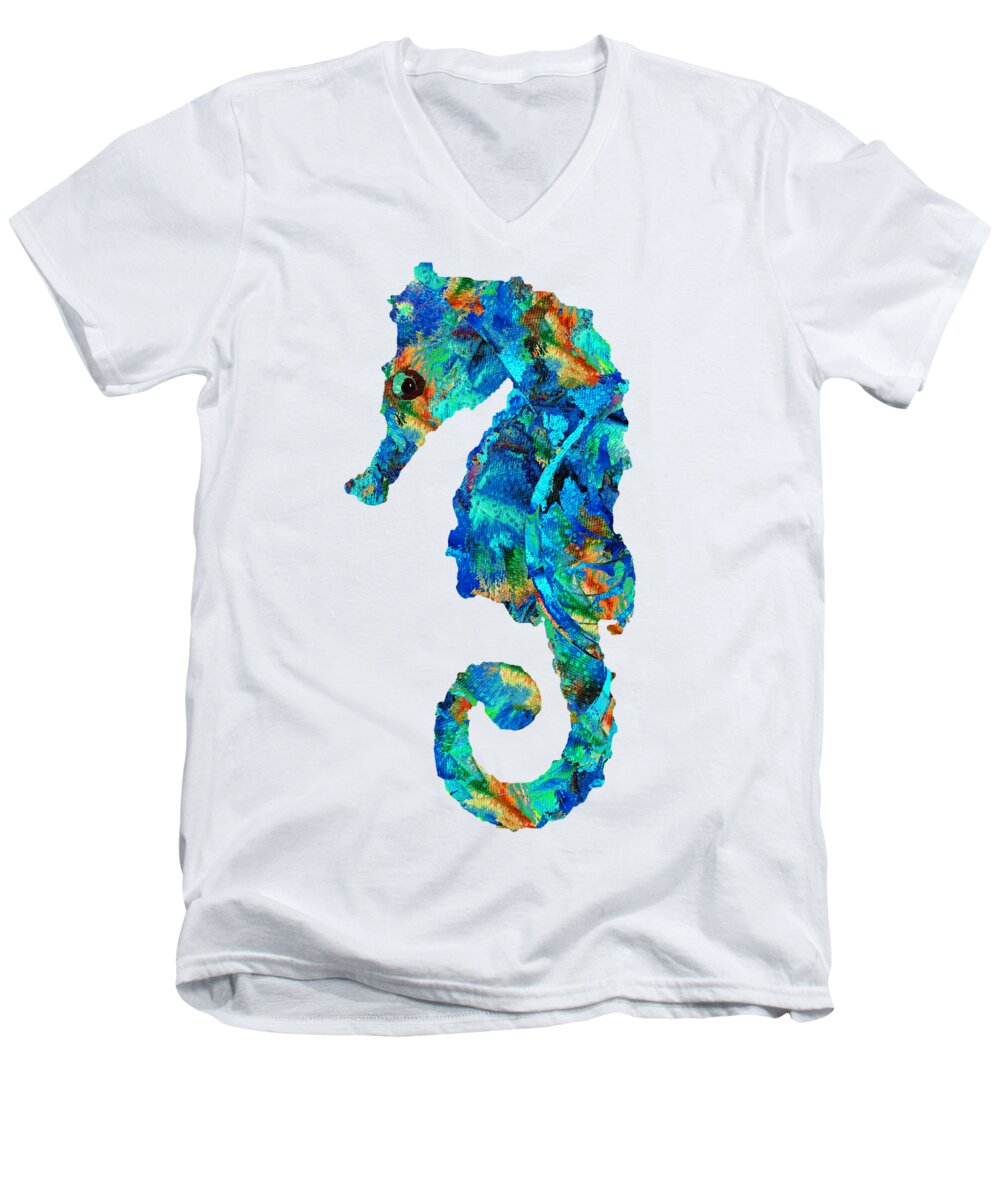 Seahorse Men's V-Neck T-Shirt featuring the painting Blue Seahorse Art by Sharon Cummings by Sharon Cummings