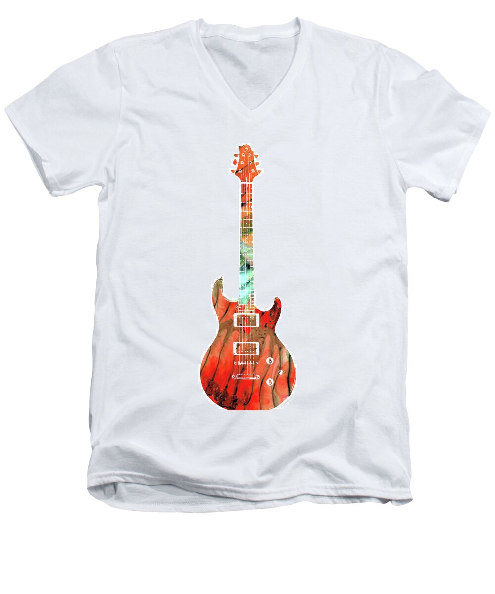 Guitar Men's V-Neck T-Shirt featuring the painting Electric Guitar 2 - Buy Colorful Abstract Musical Instrument by Sharon Cummings