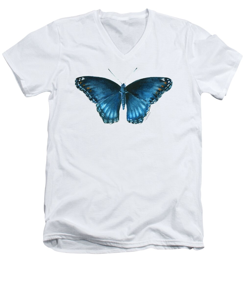 Blue Butterfly Men's V-Neck T-Shirt featuring the painting 113 Brenton Blue Butterfly by Amy Kirkpatrick