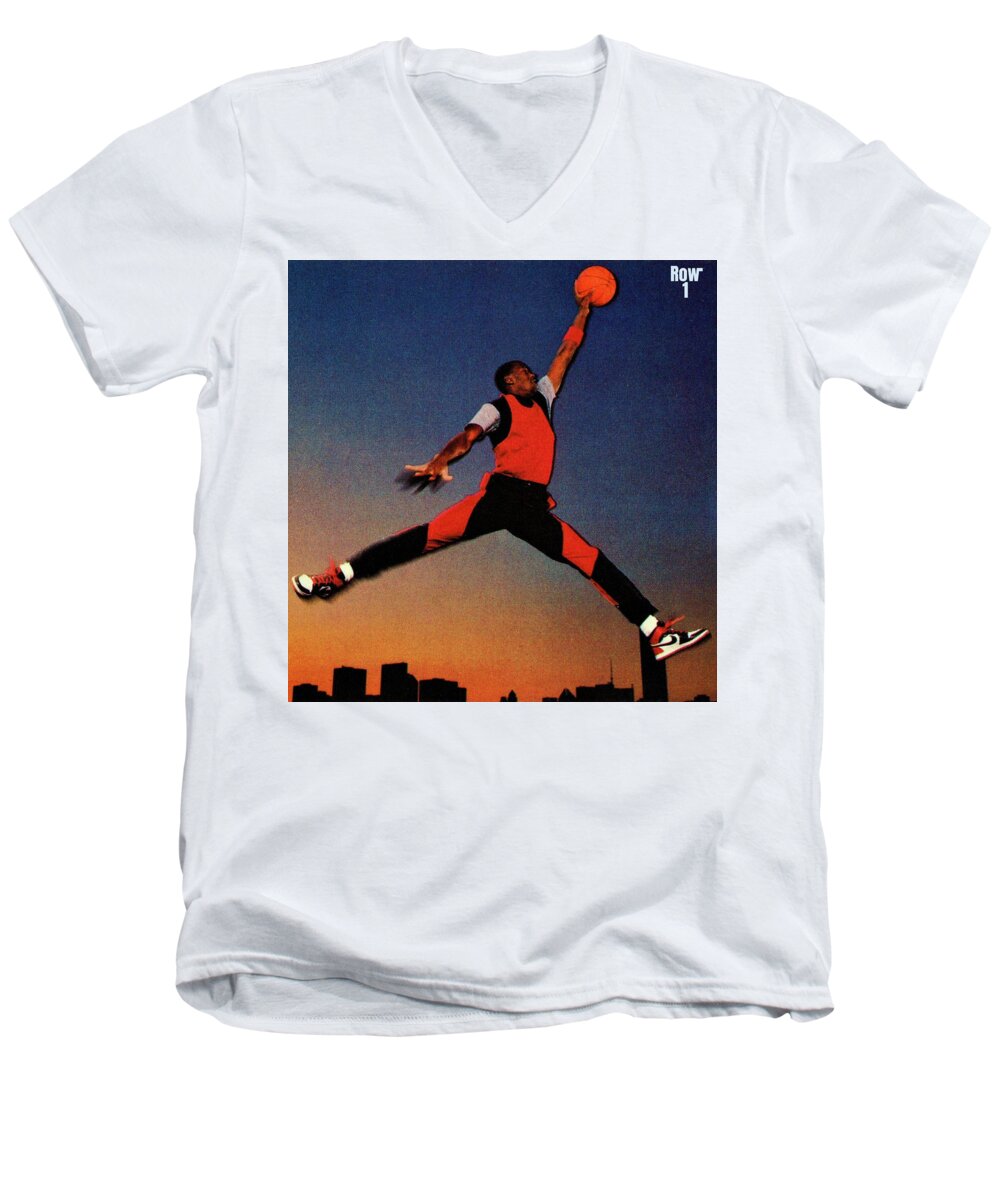 Michael Jordan Men's V-Neck T-Shirt featuring the mixed media 1985 Nike Michael Jordan Rookie Promo Card by Row One Brand