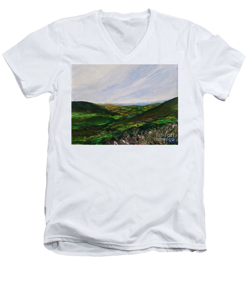 Manx Men's V-Neck T-Shirt featuring the painting As Manx as the Hills by C E Dill