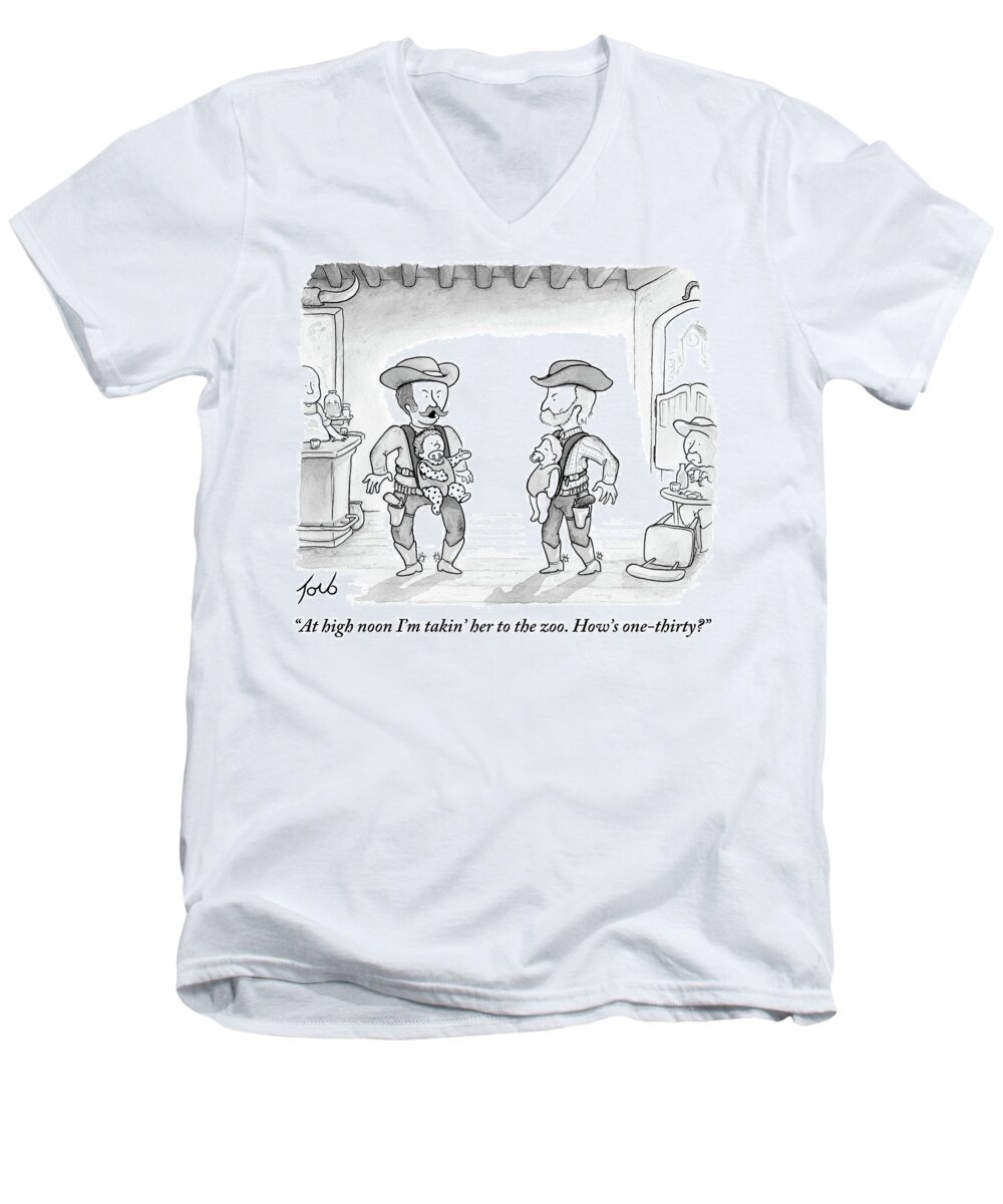 Western Men's V-Neck T-Shirt featuring the drawing At High Noon by Tom Toro