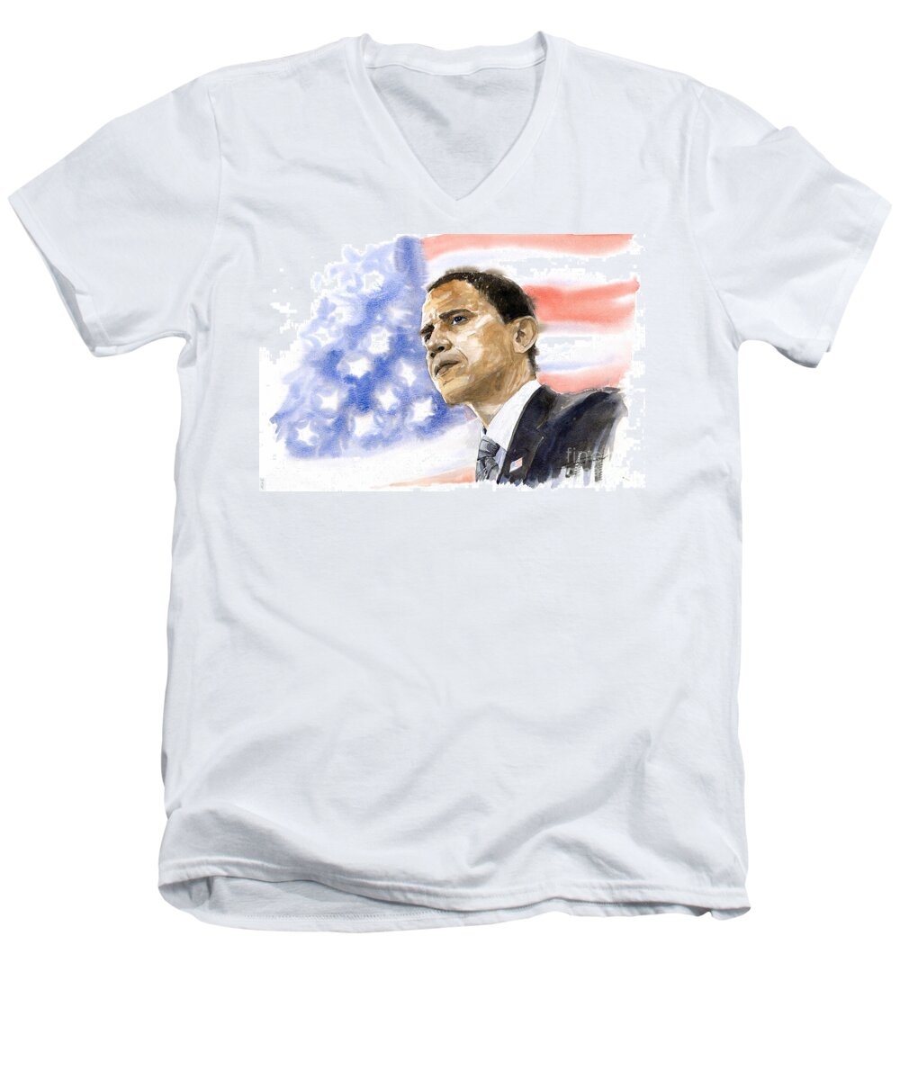 Watercolour Men's V-Neck T-Shirt featuring the painting Barack Obama 03 by Yuriy Shevchuk
