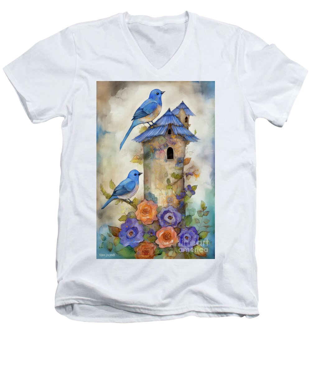 Bluebirds Men's V-Neck T-Shirt featuring the painting Beautiful Spring Bluebirds by Tina LeCour