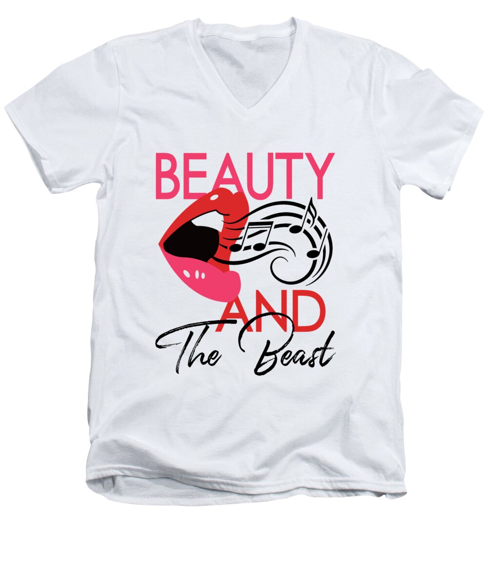 Beauty And The Beast Men's V-Neck T-Shirt featuring the digital art Beauty And The Beast - Musical Movie Poster by Flo Karp