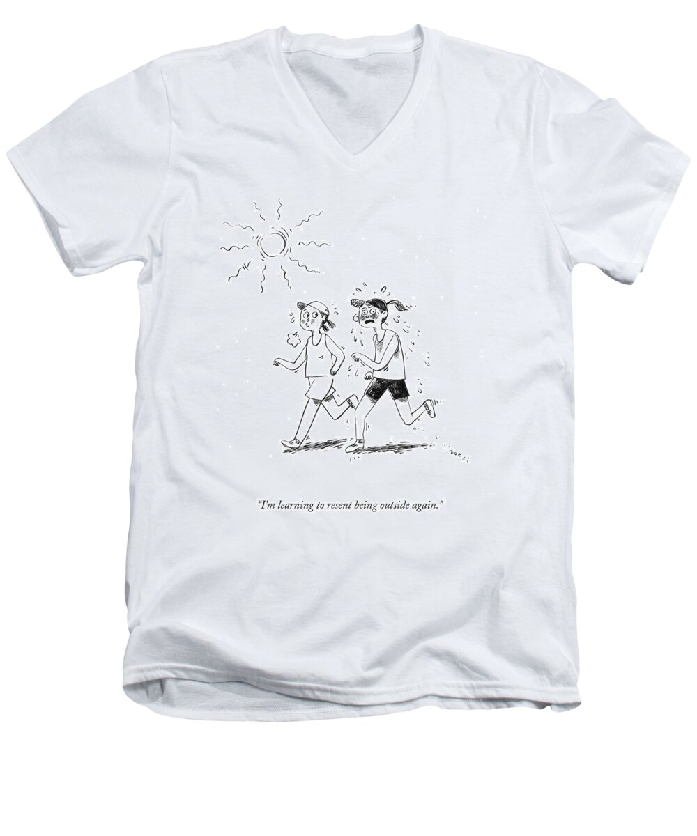i'm Learning To Resent Being Outside Again. Men's V-Neck T-Shirt featuring the drawing Being Outside Again by Zoe Si