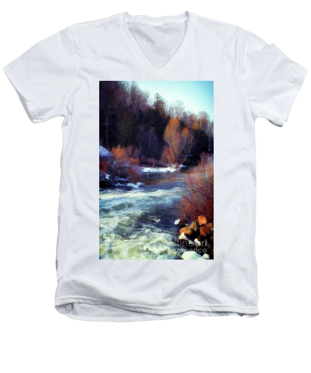  Men's V-Neck T-Shirt featuring the photograph Betsie River Dam by AnnMarie Parson-McNamara
