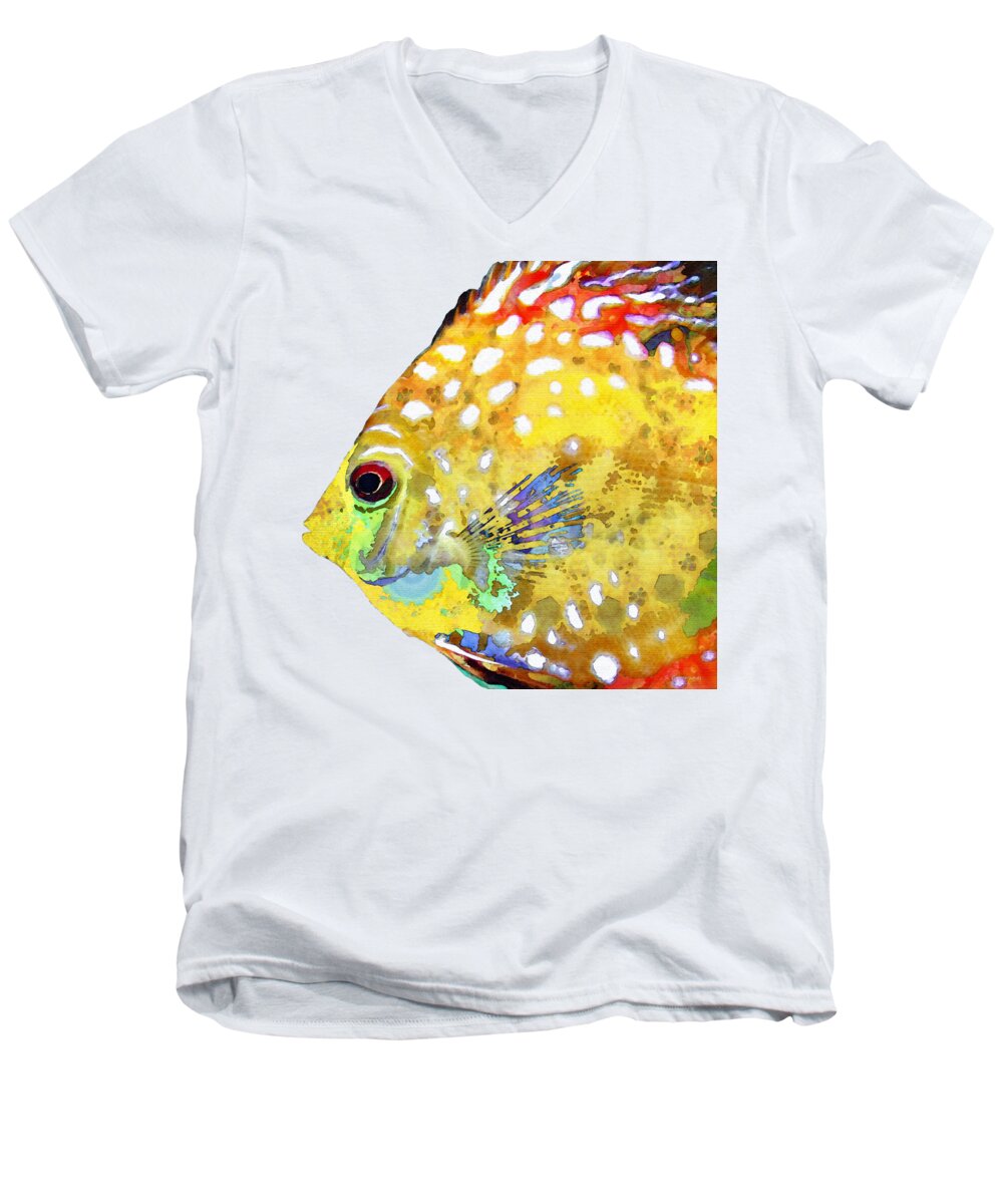 Discus Men's V-Neck T-Shirt featuring the painting Big Colorful Fish Head - Siren by Sharon Cummings