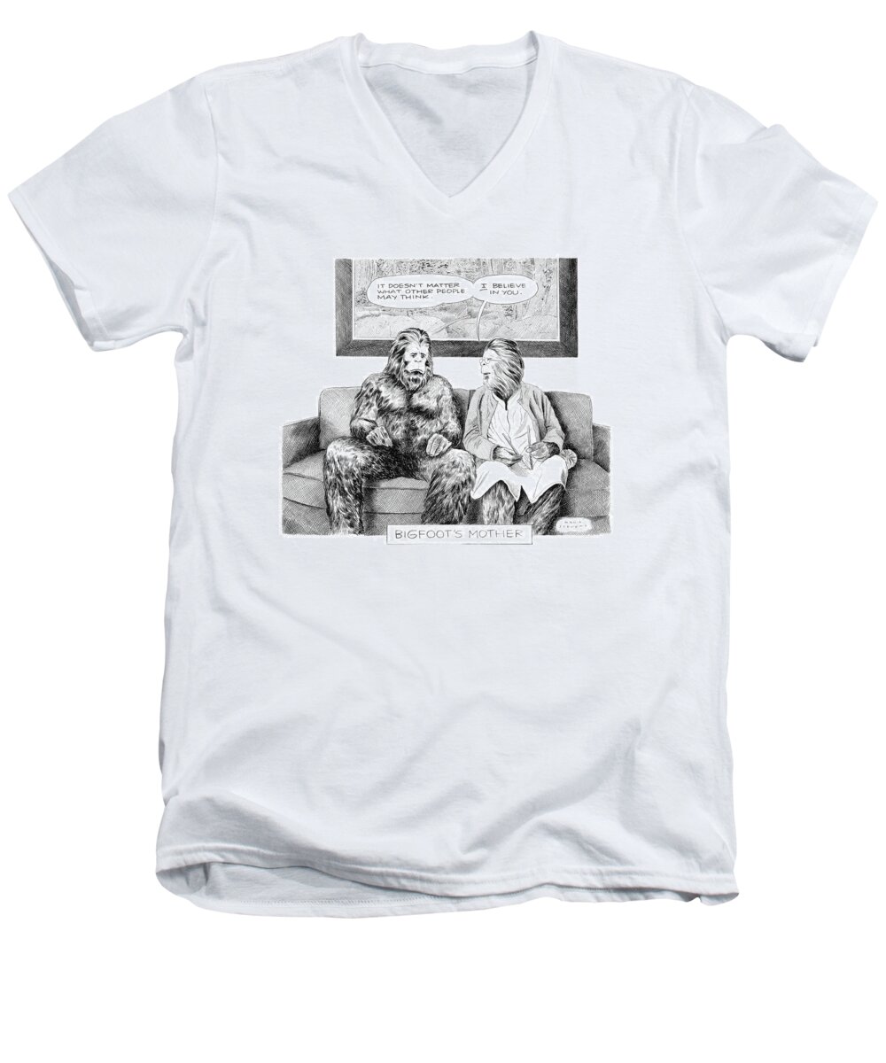 Captionless Men's V-Neck T-Shirt featuring the drawing Bigfoot's Mother by Karl Stevens