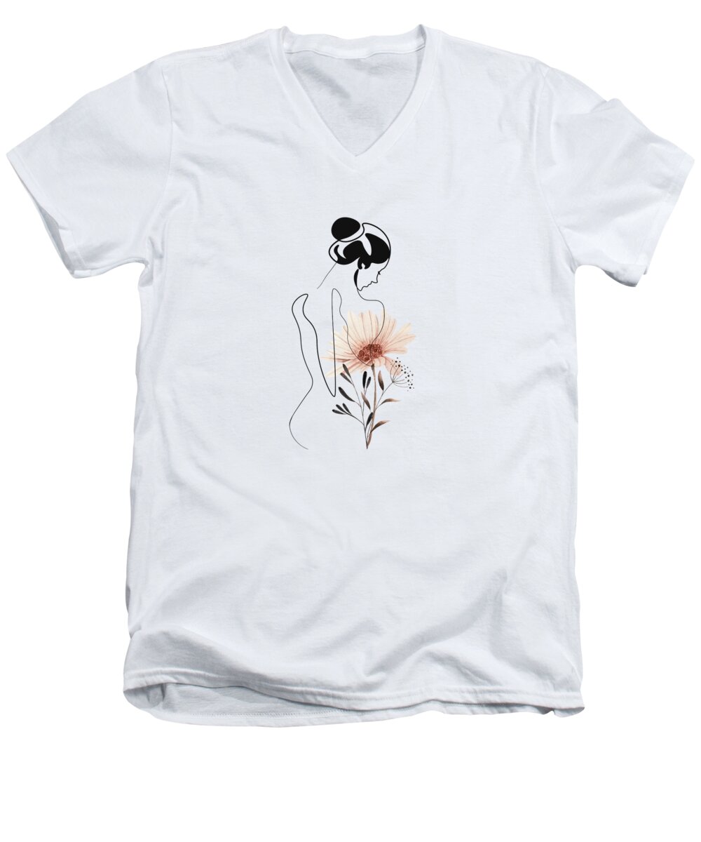 Pose Men's V-Neck T-Shirt featuring the drawing Blooming woman line art print, minimal one line woman with flowers, vintage sensual woman's body art by Mounir Khalfouf