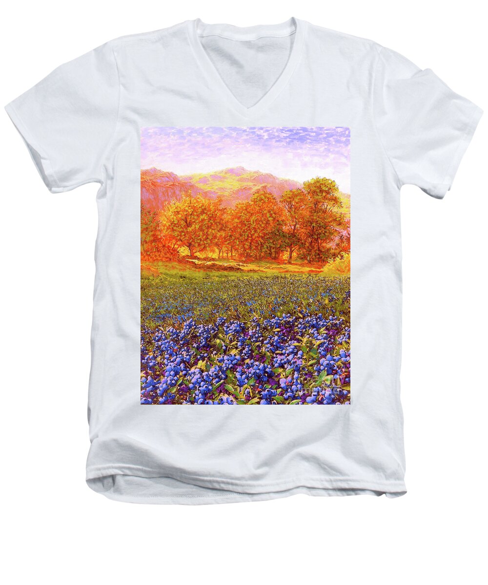 Tree Men's V-Neck T-Shirt featuring the painting Blueberry Fields by Jane Small