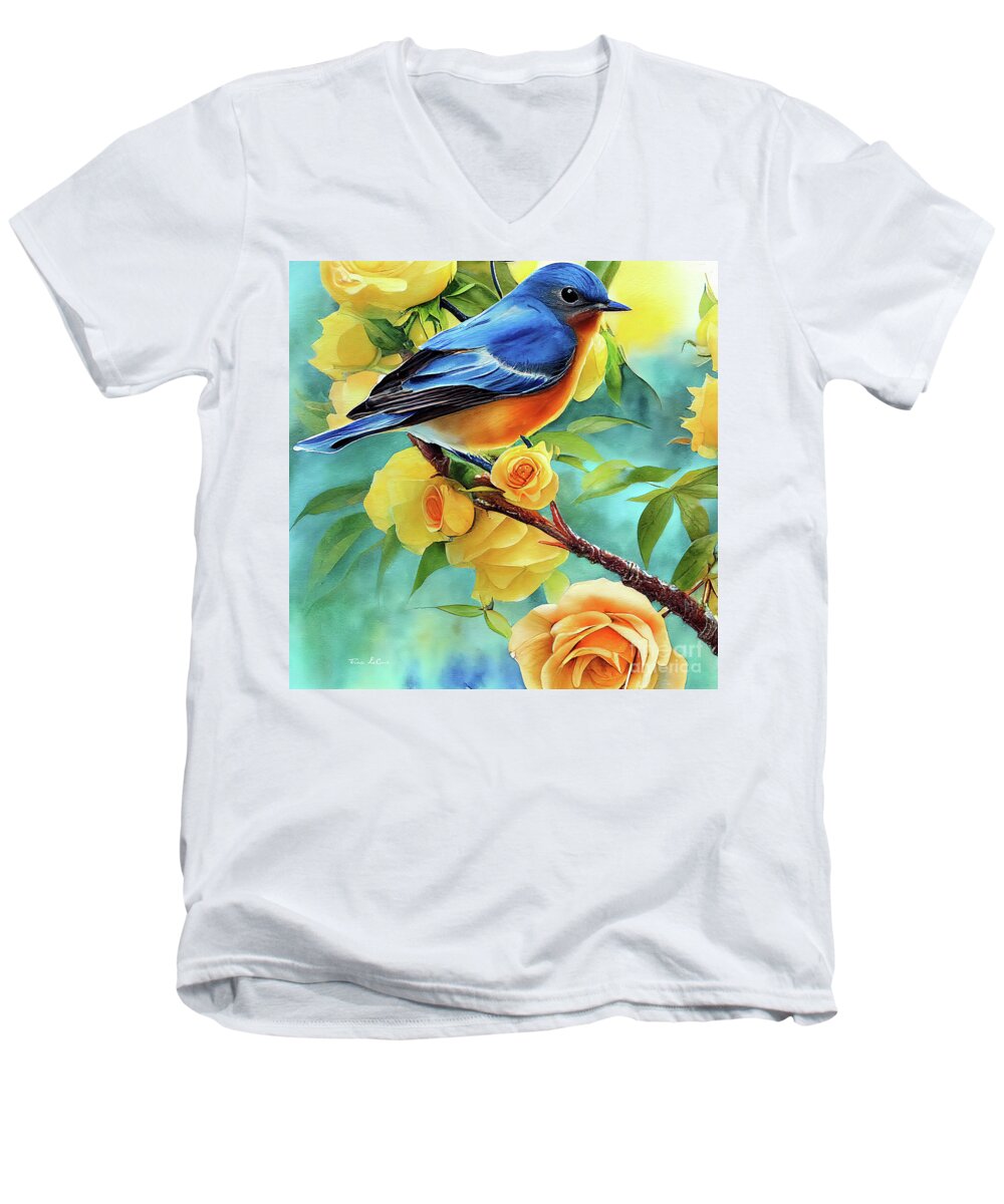 Eastern Bluebird Men's V-Neck T-Shirt featuring the painting Bluebird In The Yellow Roses by Tina LeCour