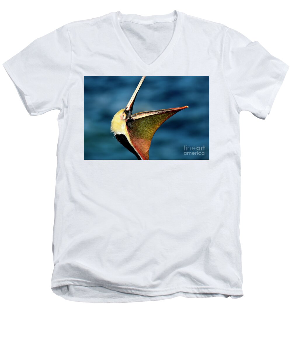 Birds Men's V-Neck T-Shirt featuring the photograph Brown Pelican Head Throw 2021 by John F Tsumas