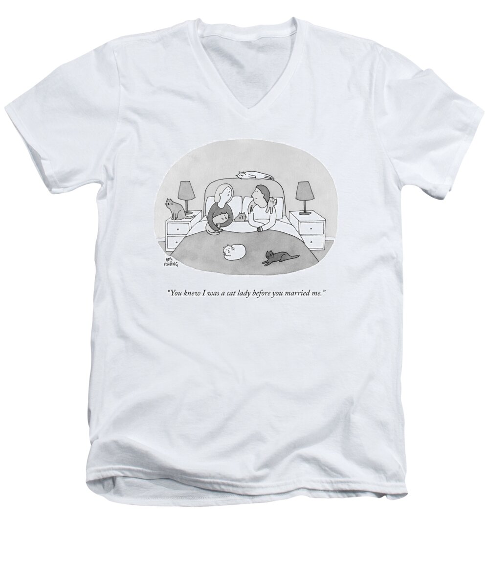 you Knew I Was A Cat Lady Before You Married Me. Woman Men's V-Neck T-Shirt featuring the drawing Cat Lady by Amy Hwang