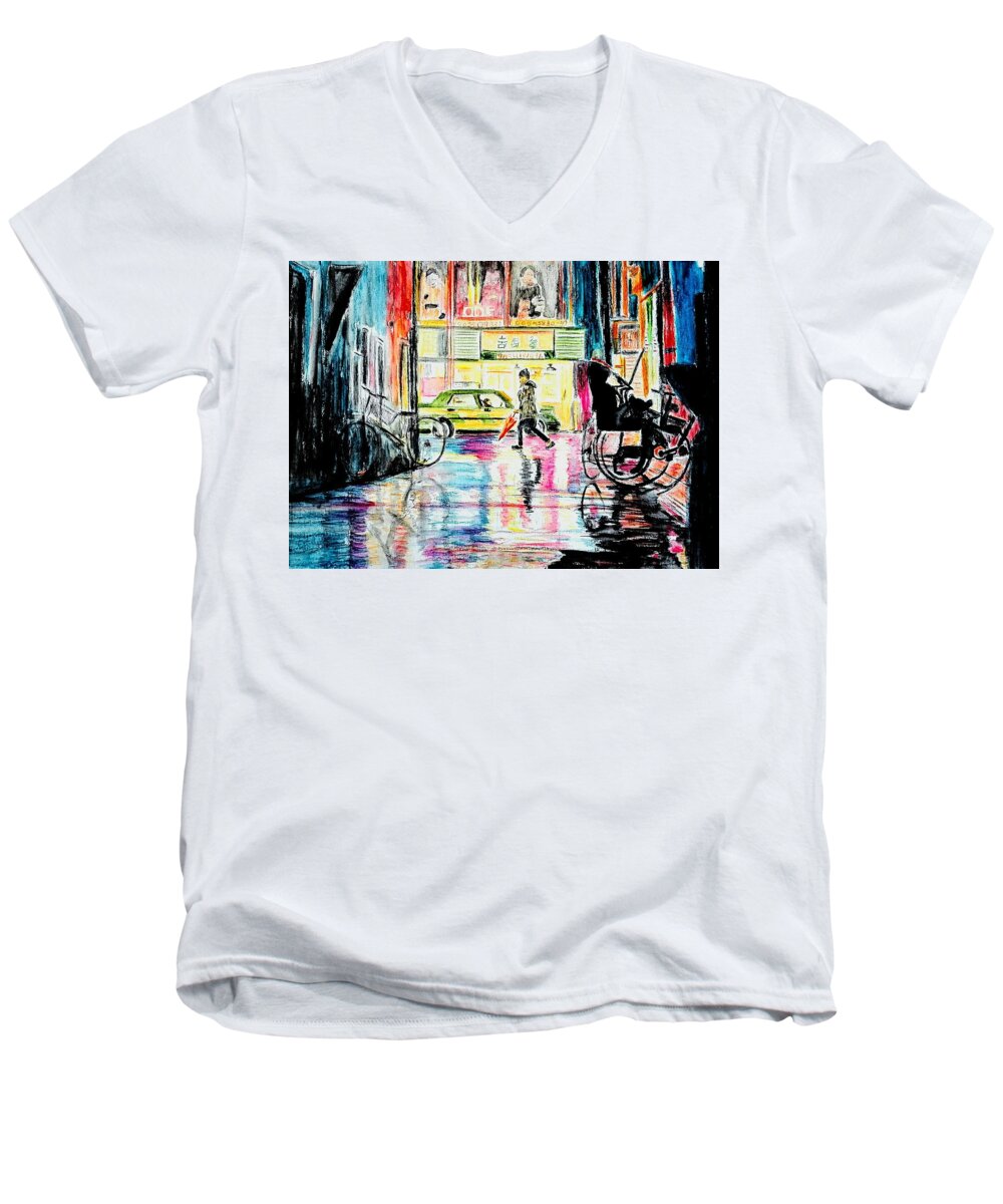 Townscape Men's V-Neck T-Shirt featuring the painting China Town by Sandie Croft