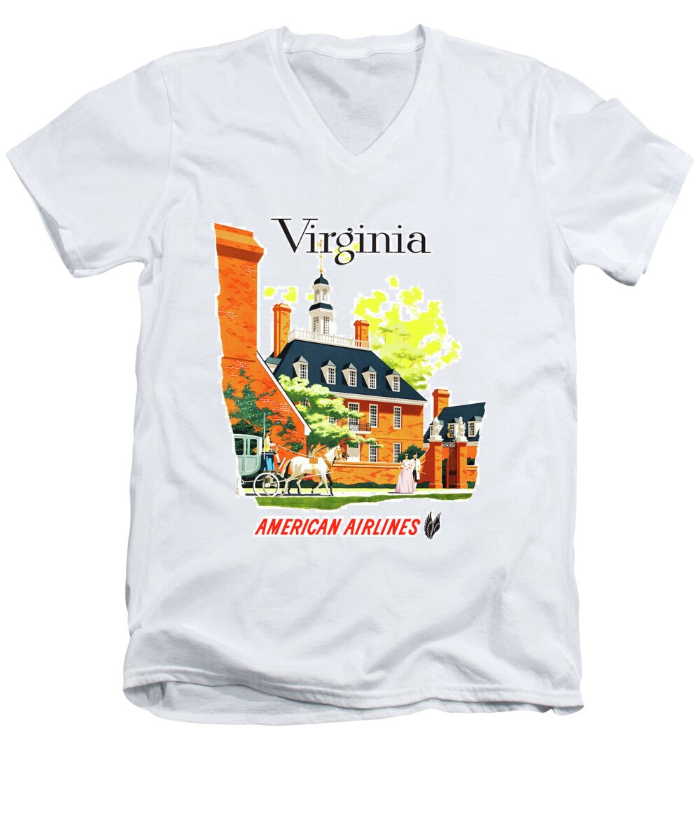 Bern Hill Men's V-Neck T-Shirt featuring the digital art Colonial Williamsburg Virginia American Airlines Vintage1950s Travel Poster by Peter Ogden