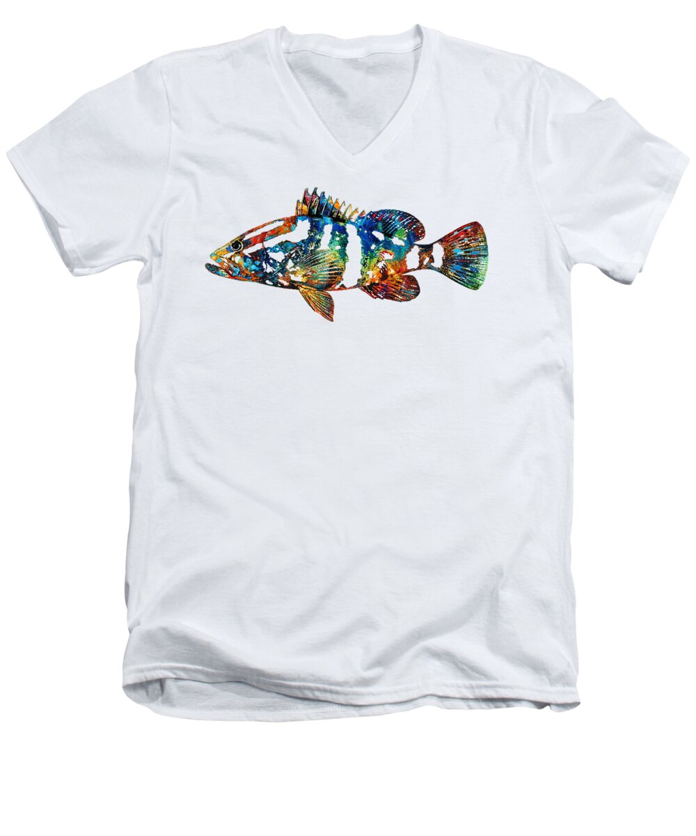 Fish Men's V-Neck T-Shirt featuring the painting Colorful Grouper 2 Art Fish by Sharon Cummings by Sharon Cummings