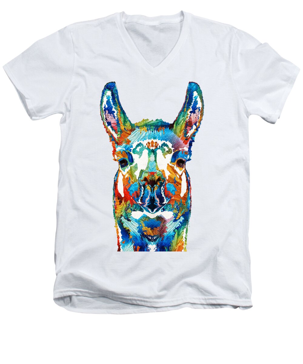 Llama Men's V-Neck T-Shirt featuring the painting Colorful Llama Art - The Prince - By Sharon Cummings by Sharon Cummings