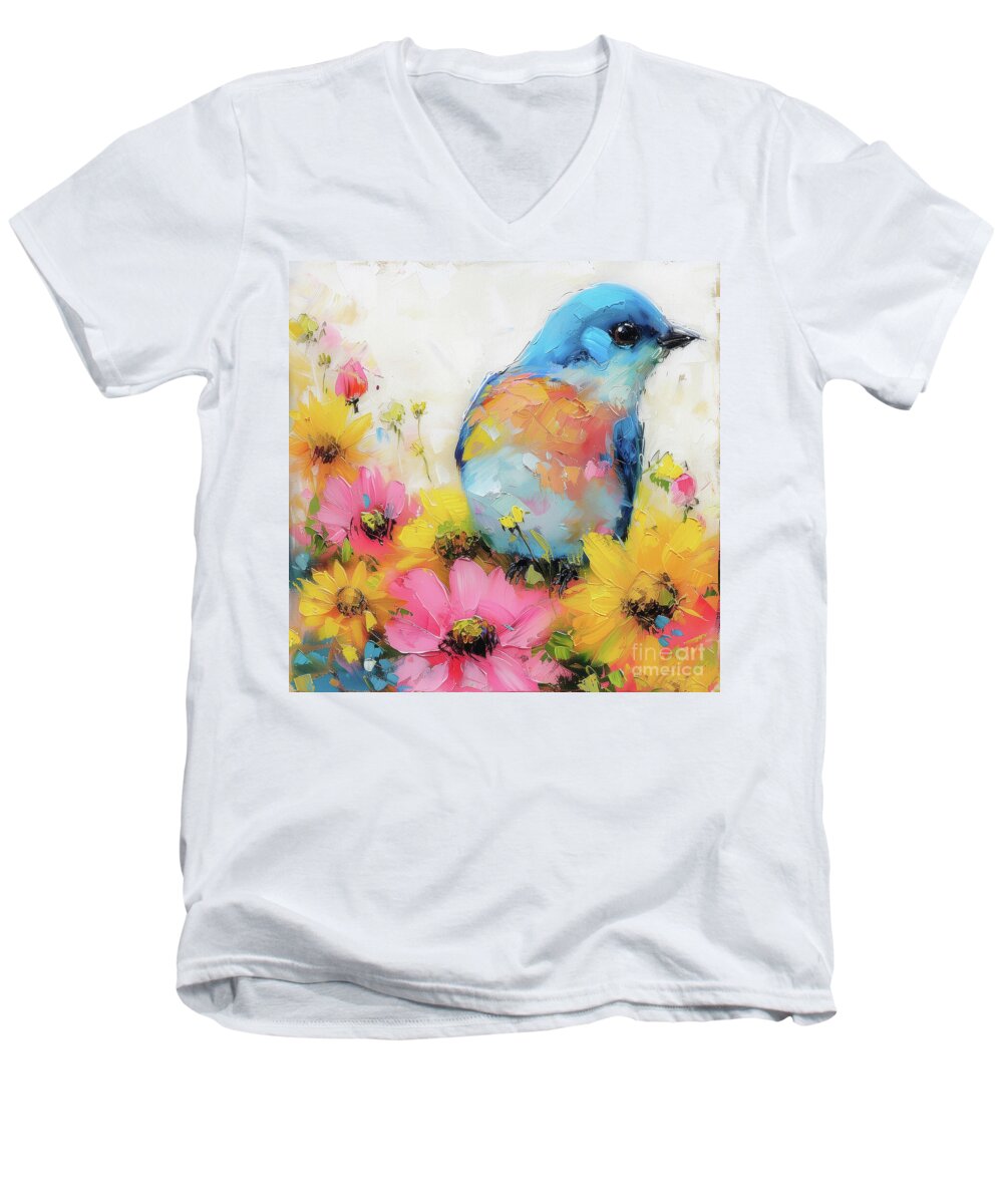 Eastern Bluebird Men's V-Neck T-Shirt featuring the painting Colorful Spring Bluebird by Tina LeCour