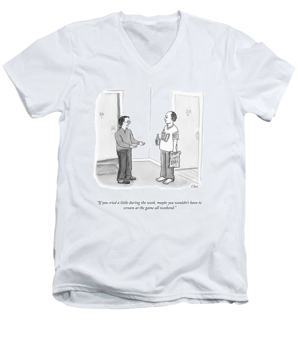 A23437 Men's V-Neck T-Shirt featuring the drawing Cry During The Week by Caitlin Cass
