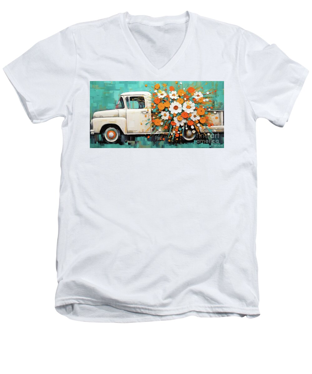 White Truck Men's V-Neck T-Shirt featuring the painting Daisy Pickup Truck by Tina LeCour