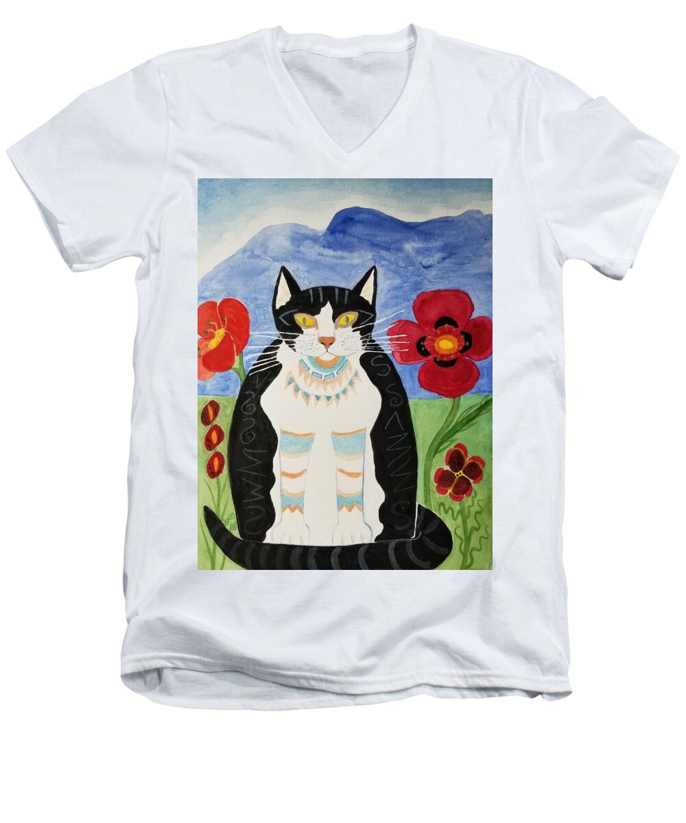 Watercolor Men's V-Neck T-Shirt featuring the painting Diwali Tux Cat by Vera Smith